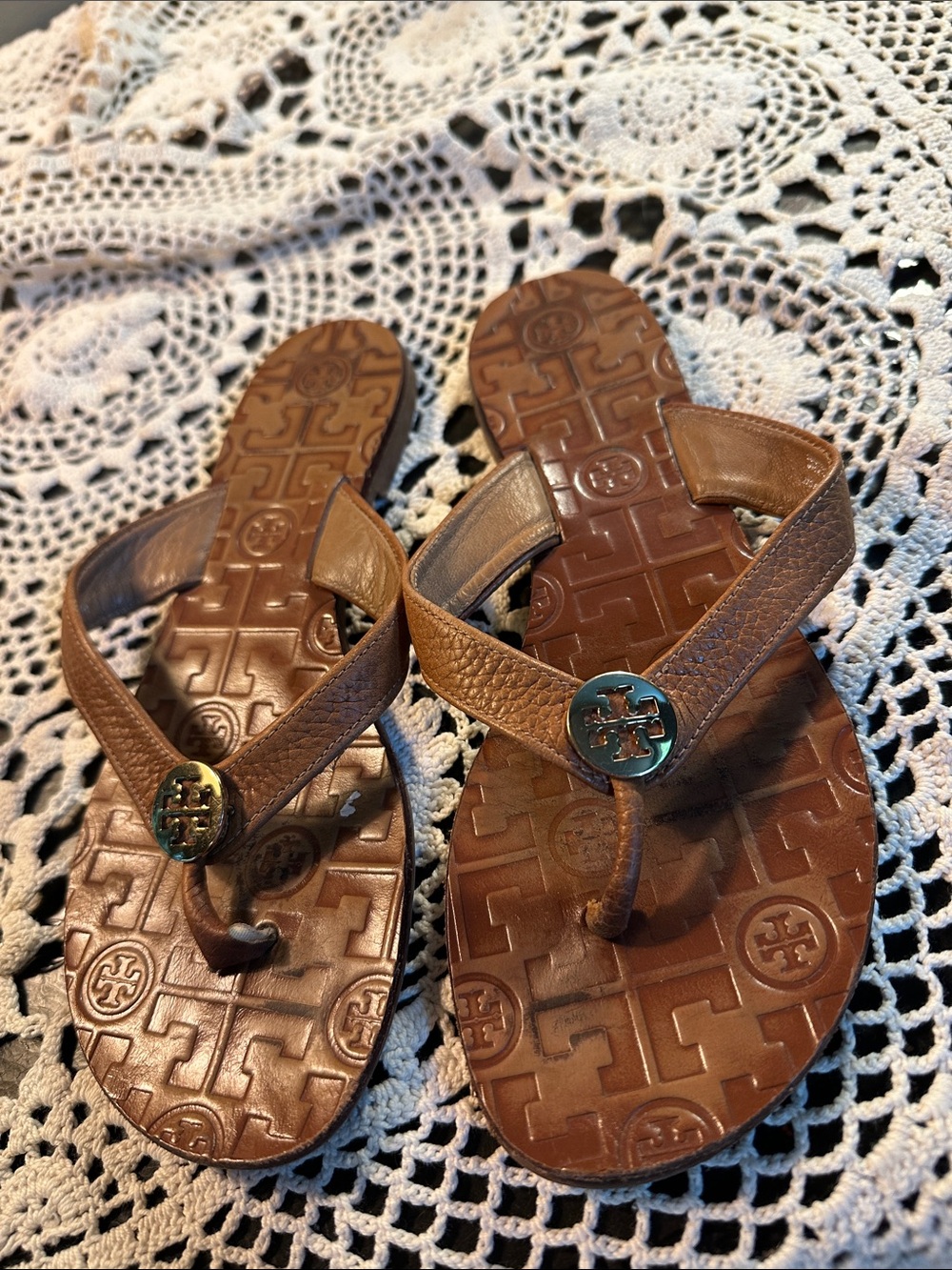 Tory Burch Brown Leather Logo Thong Sandals